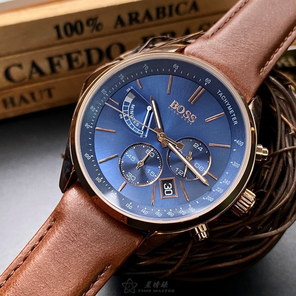 BOSS:手錶,型號:HB1513604,男女通用錶44mm玫瑰金錶殼寶藍色錶面真皮皮革錶帶款-細節圖9