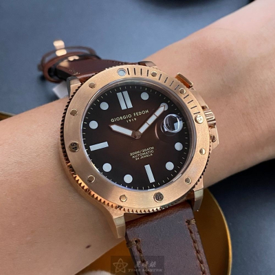 GiorgioFedon1919:手錶,型號:GF00026,男錶44mm玫瑰金錶殼古銅色錶面真皮皮革錶帶款