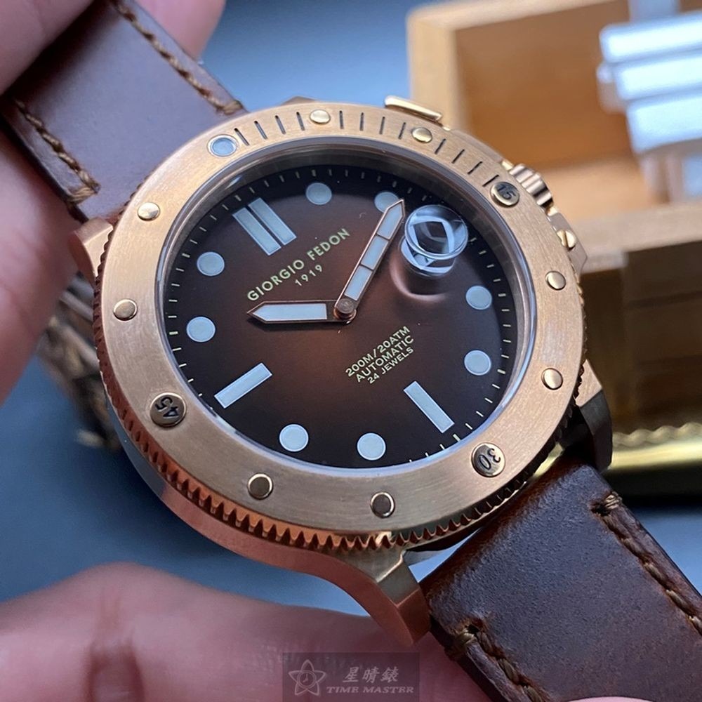 GiorgioFedon1919:手錶,型號:GF00026,男錶44mm玫瑰金錶殼古銅色錶面真皮皮革錶帶款-細節圖5
