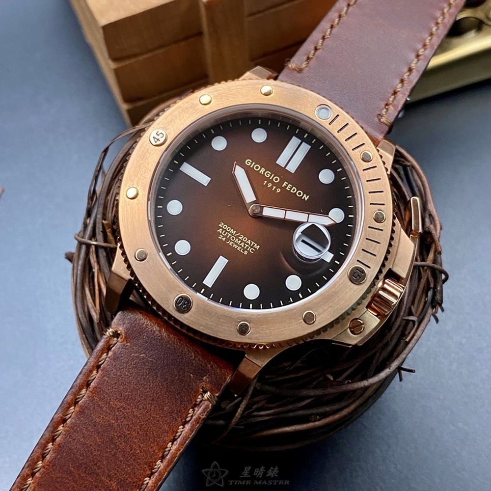 GiorgioFedon1919:手錶,型號:GF00026,男錶44mm玫瑰金錶殼古銅色錶面真皮皮革錶帶款-細節圖6