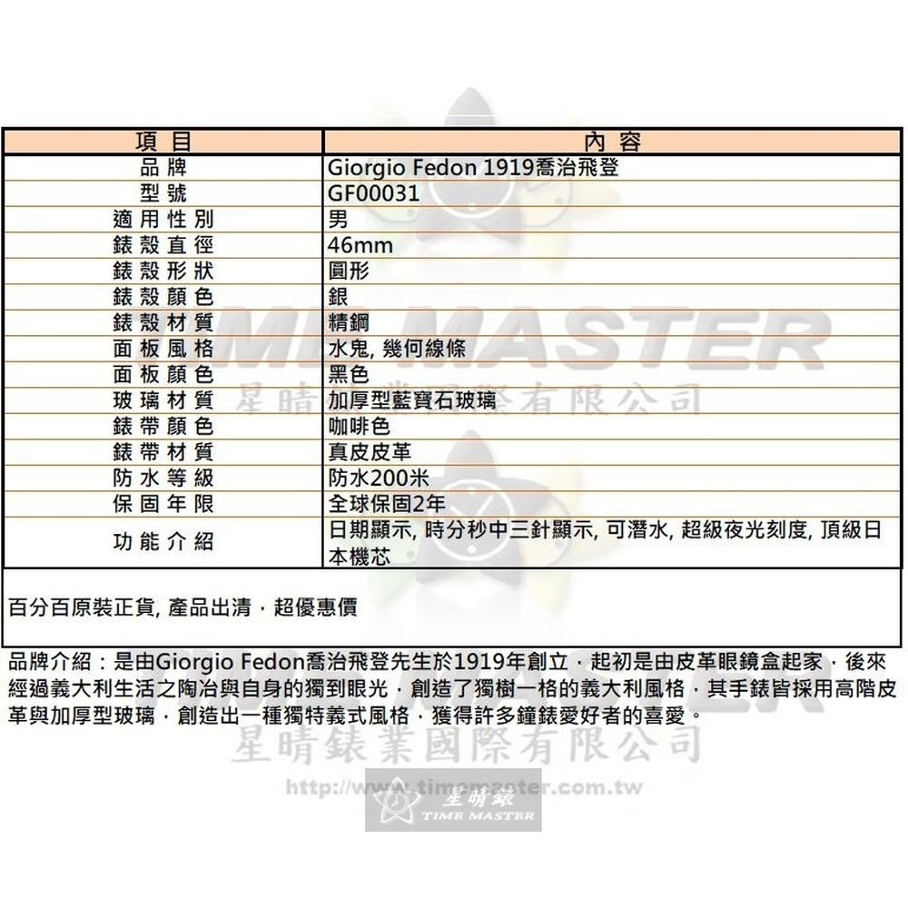 GiorgioFedon1919:手錶,型號:GF00031,男錶46mm銀錶殼黑色錶面真皮皮革錶帶款-細節圖10