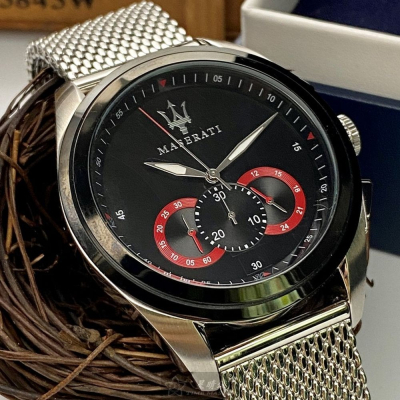 MASERATI:手錶,型號:R8873612005,男錶46mm銀錶殼黑色錶面米蘭錶帶款