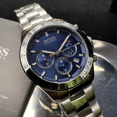 BOSS:手錶,型號:HB1513755,男錶42mm銀錶殼寶藍色錶面精鋼錶帶款