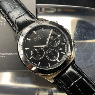 BOSS:手錶,型號:HB1513752,男錶42mm銀錶殼黑色錶面真皮皮革錶帶款