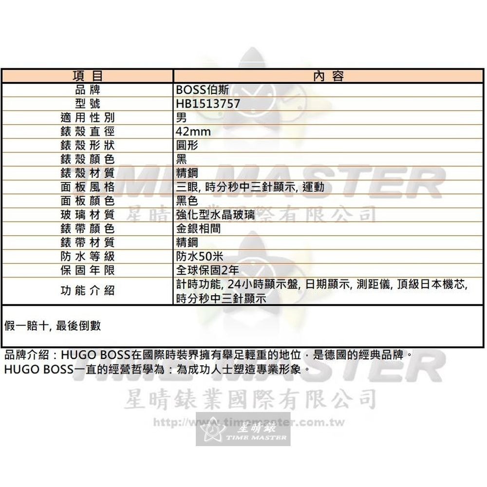 BOSS:手錶,型號:HB1513757,男錶42mm黑錶殼黑色錶面精鋼錶帶款-細節圖10