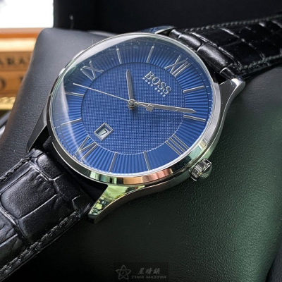 BOSS:手錶,型號:HB1513553,男女通用錶42mm銀錶殼寶藍色錶面真皮皮革錶帶款