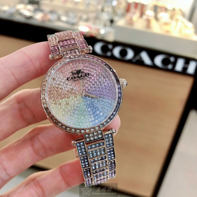 COACH:手錶,型號:CH00059,女錶34mm玫瑰金錶殼彩虹圈錶面精鋼錶帶款