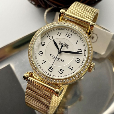 COACH:手錶,型號:CH00061,女錶32mm金色錶殼白色錶面米蘭錶帶款