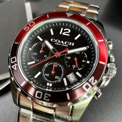 COACH:手錶,型號:CH00062,男錶44mm紅黑色錶殼黑色錶面精鋼錶帶款