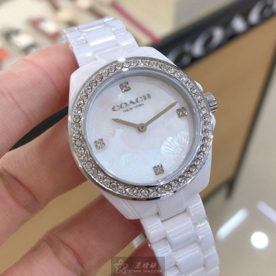 COACH:手錶,型號:CH00068,女錶32mm白錶殼櫻花貝母錶面陶瓷錶帶款