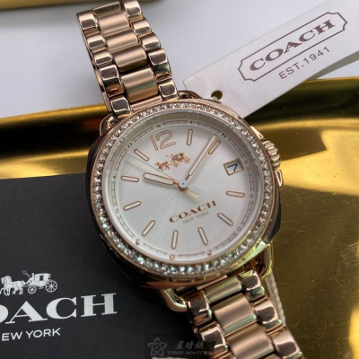 COACH:手錶,型號:CH00093,女錶34mm香檳金錶殼白色錶面精鋼錶帶款