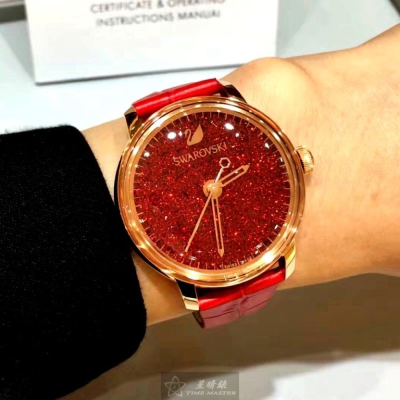 SWAROVSKI:手錶,型號:SW00005,女錶38mm玫瑰金錶殼大紅色錶面真皮皮革錶帶款