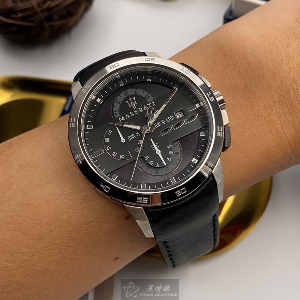 MASERATI:手錶,型號:R8871619004,男女通用錶46mm銀錶殼黑色錶面真皮皮革錶帶款-細節圖3