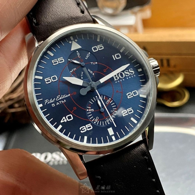 BOSS:手錶,型號:HB1513515,男女通用錶44mm銀錶殼寶藍色錶面真皮皮革錶帶款