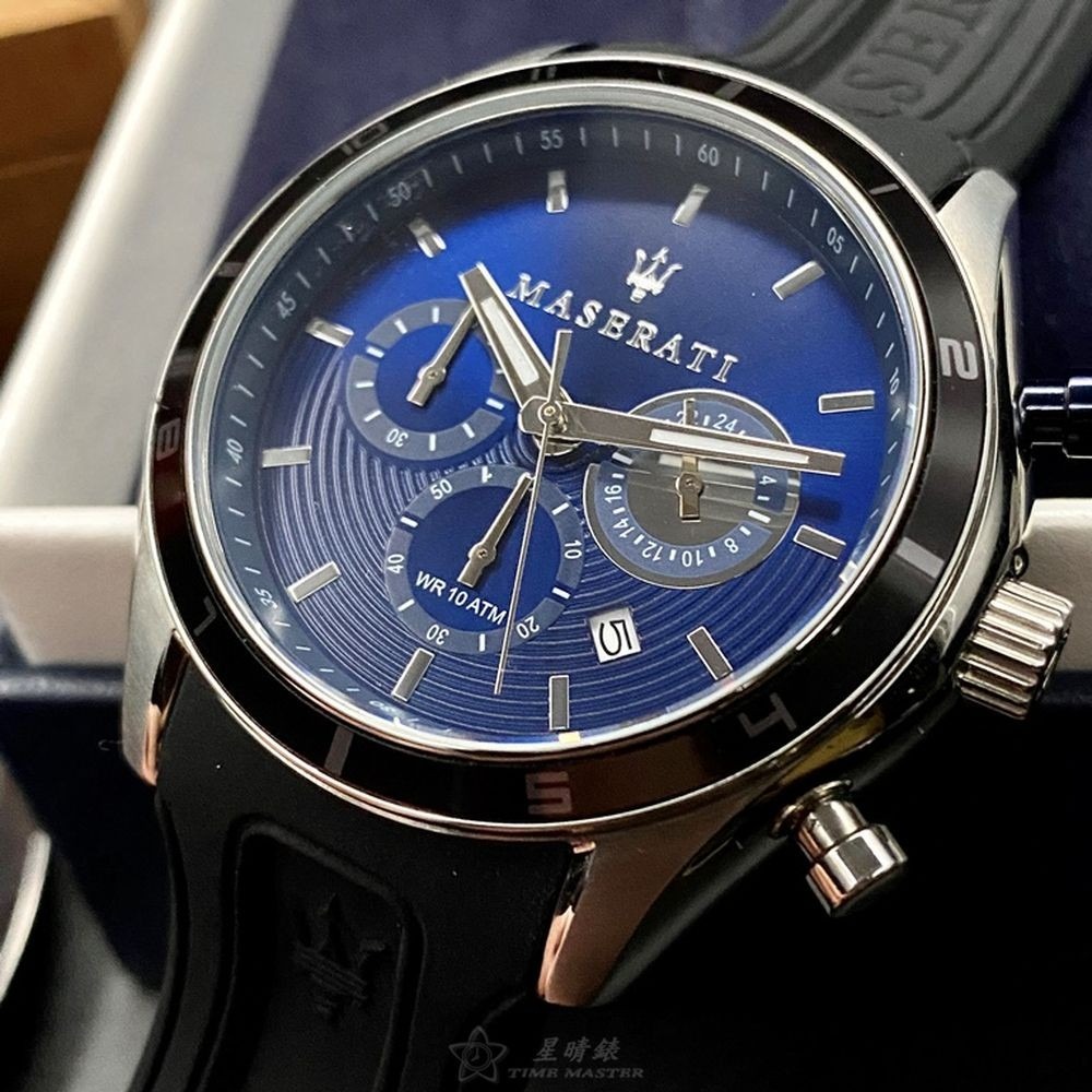 MASERATI:手錶,型號:R8871624003,男女通用錶44mm銀錶殼寶藍色錶面矽膠錶帶款-細節圖7