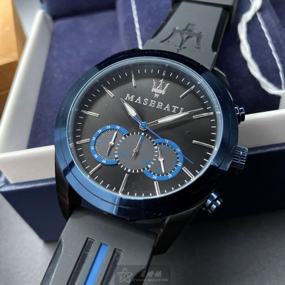 MASERATI:手錶,型號:R8871612006,男女通用錶46mm寶藍錶殼黑色錶面矽膠錶帶款