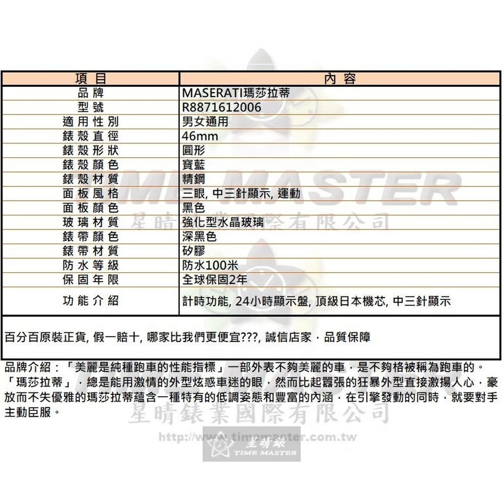 MASERATI:手錶,型號:R8871612006,男女通用錶46mm寶藍錶殼黑色錶面矽膠錶帶款-細節圖10