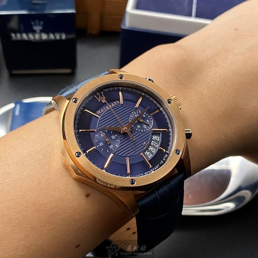 MASERATI:手錶,型號:R8871627002,男女通用錶46mm玫瑰金錶殼寶藍色錶面真皮皮革錶帶款-細節圖2