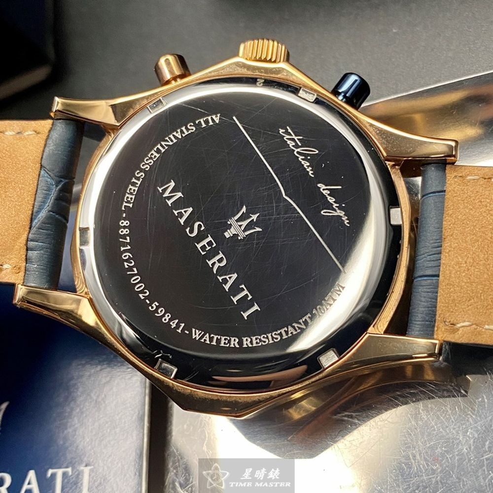 MASERATI:手錶,型號:R8871627002,男女通用錶46mm玫瑰金錶殼寶藍色錶面真皮皮革錶帶款-細節圖4