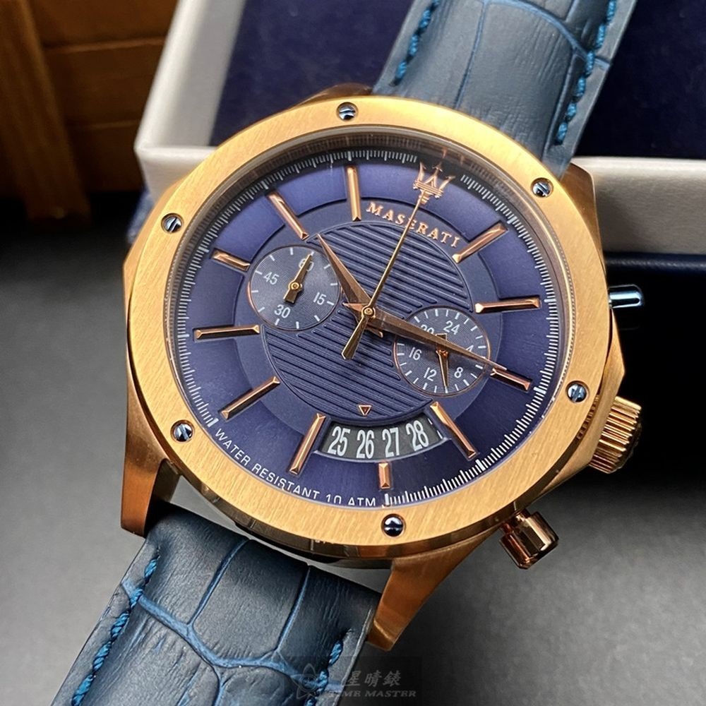 MASERATI:手錶,型號:R8871627002,男女通用錶46mm玫瑰金錶殼寶藍色錶面真皮皮革錶帶款-細節圖6