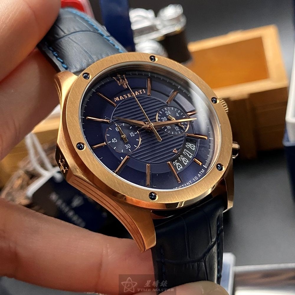 MASERATI:手錶,型號:R8871627002,男女通用錶46mm玫瑰金錶殼寶藍色錶面真皮皮革錶帶款-細節圖8