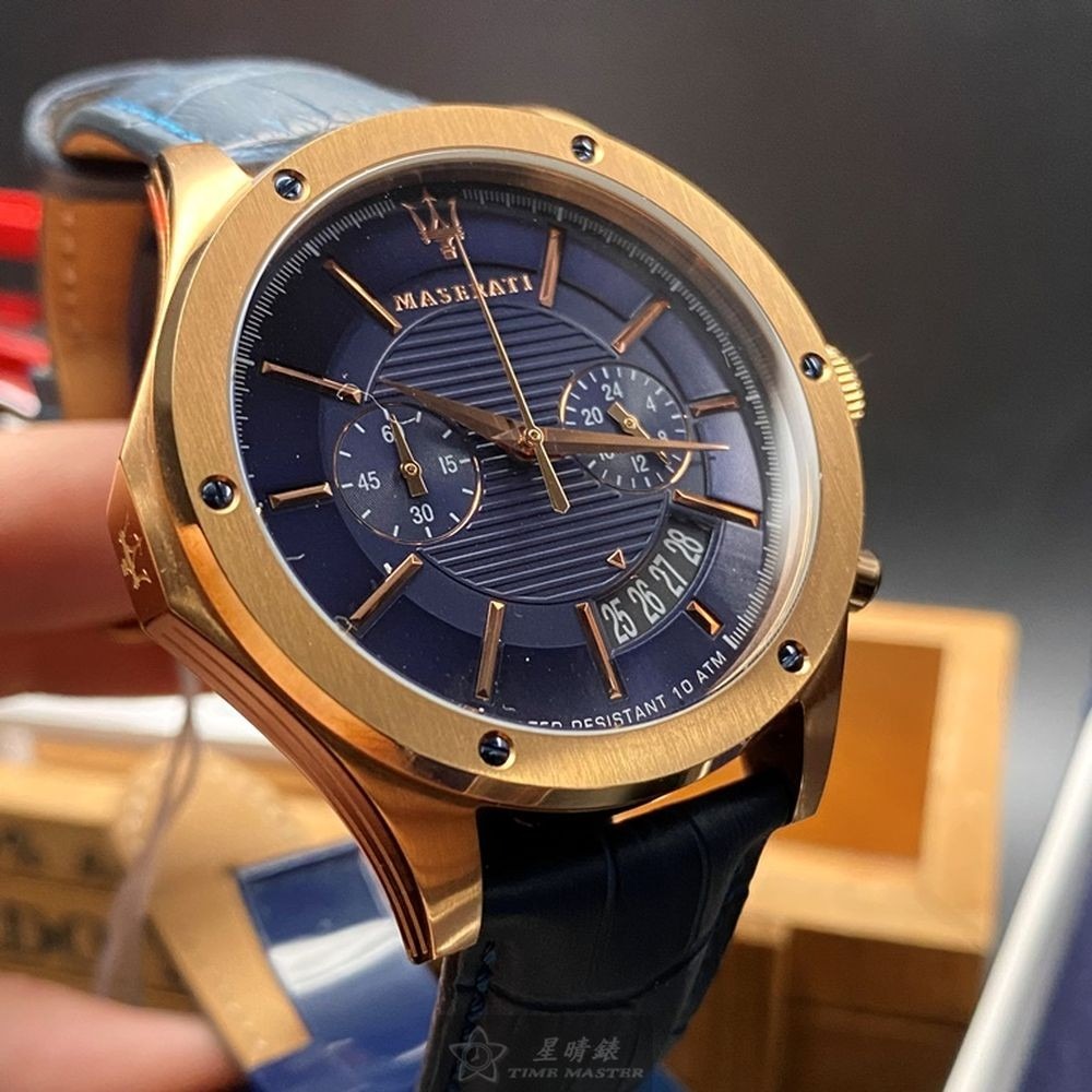MASERATI:手錶,型號:R8871627002,男女通用錶46mm玫瑰金錶殼寶藍色錶面真皮皮革錶帶款-細節圖9