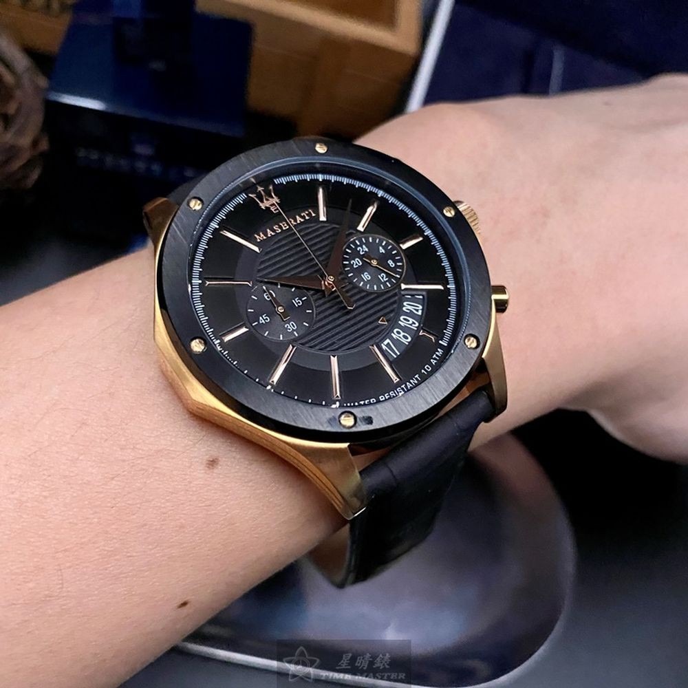 MASERATI:手錶,型號:R8871627001,男女通用錶46mm玫瑰金錶殼黑色錶面真皮皮革錶帶款-細節圖2