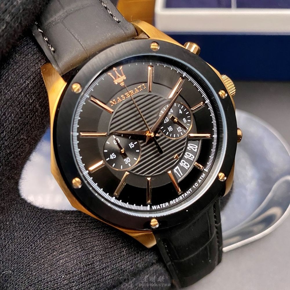 MASERATI:手錶,型號:R8871627001,男女通用錶46mm玫瑰金錶殼黑色錶面真皮皮革錶帶款-細節圖3