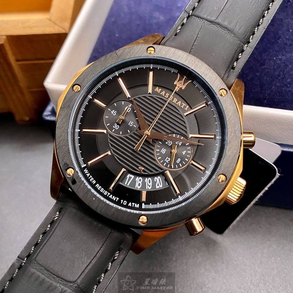 MASERATI:手錶,型號:R8871627001,男女通用錶46mm玫瑰金錶殼黑色錶面真皮皮革錶帶款-細節圖4