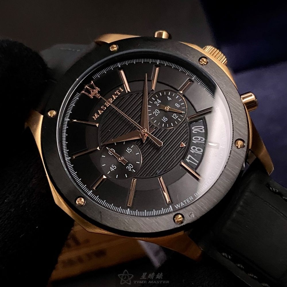MASERATI:手錶,型號:R8871627001,男女通用錶46mm玫瑰金錶殼黑色錶面真皮皮革錶帶款-細節圖6