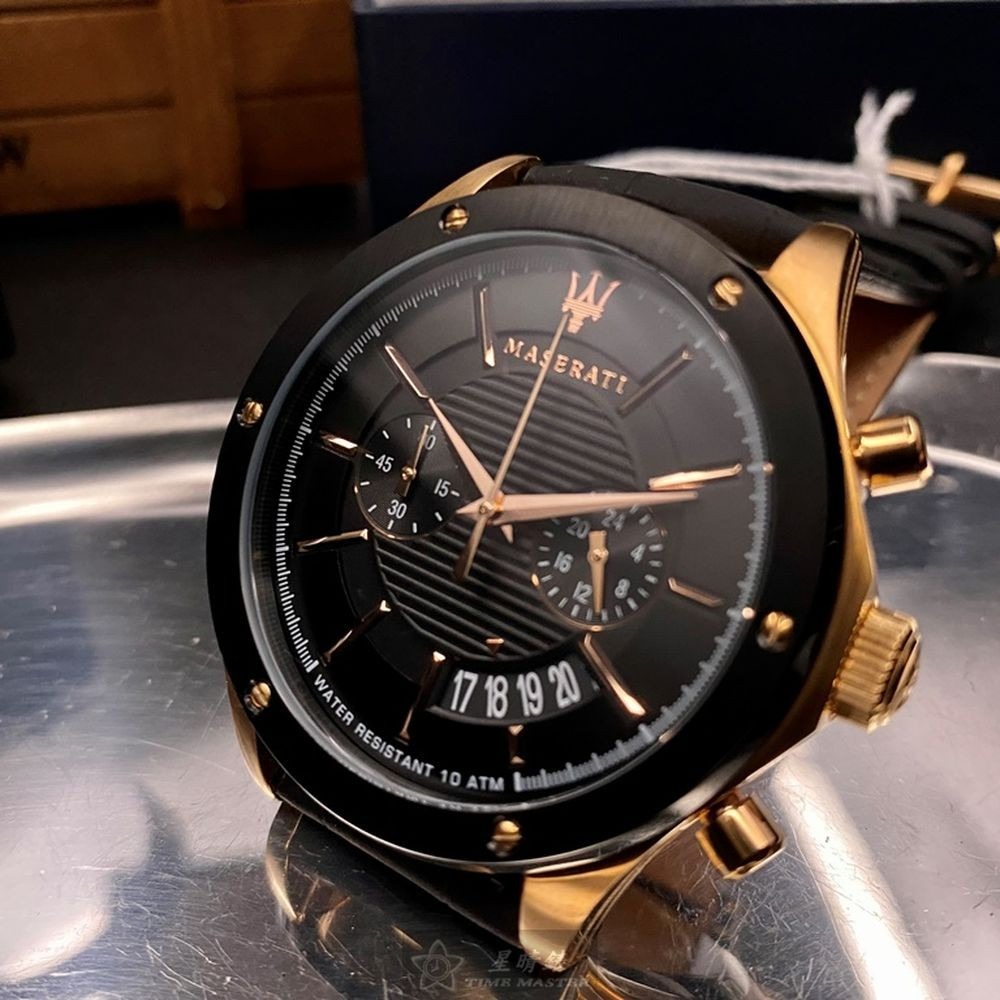MASERATI:手錶,型號:R8871627001,男女通用錶46mm玫瑰金錶殼黑色錶面真皮皮革錶帶款-細節圖9