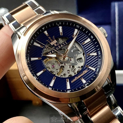 MASERATI:手錶,型號:R8823112005,男錶46mm玫瑰金錶殼藍金銀三色錶面精鋼錶帶款