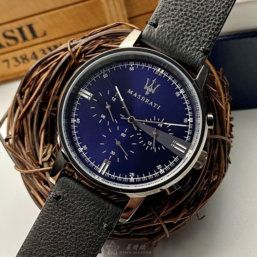 MASERATI:手錶,型號:R8871630002,男女通用錶42mm黑錶殼寶藍色錶面真皮皮革錶帶款-細節圖4