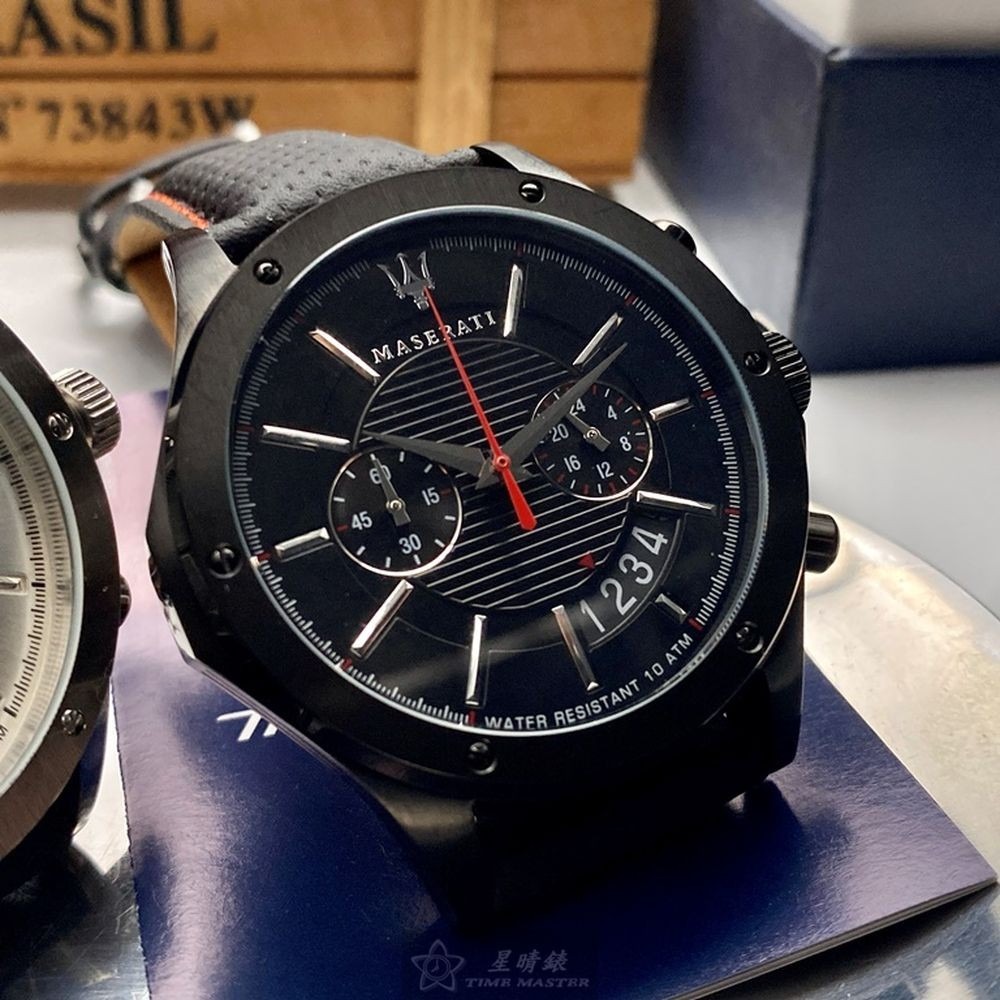 MASERATI:手錶,型號:R8871627004,男錶46mm黑錶殼黑色錶面真皮皮革錶帶款-細節圖2