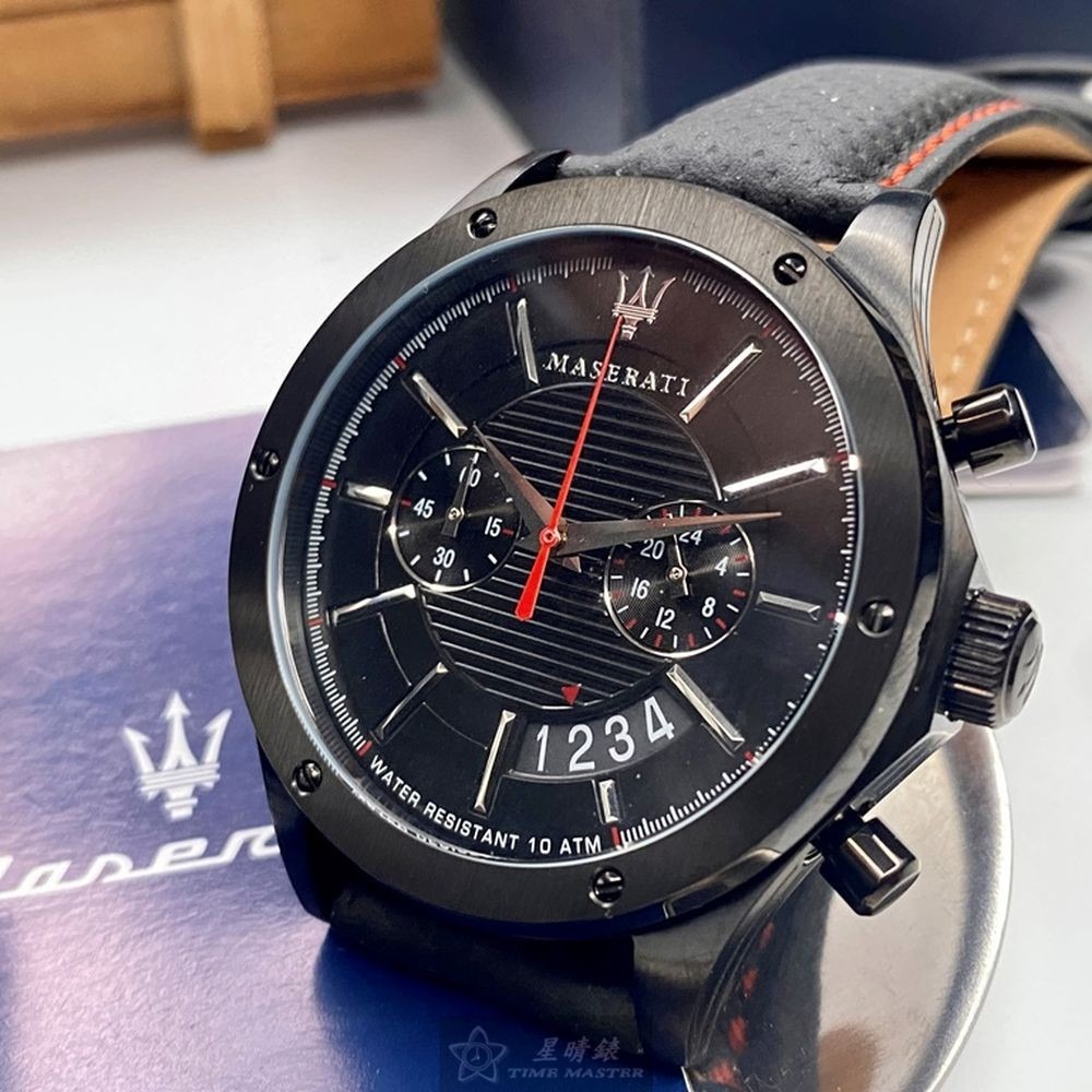 MASERATI:手錶,型號:R8871627004,男錶46mm黑錶殼黑色錶面真皮皮革錶帶款-細節圖3