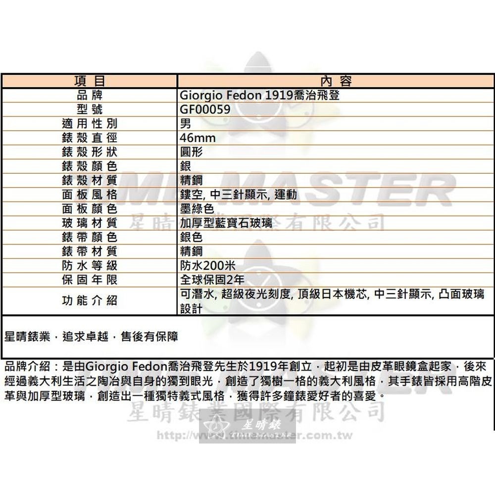 GiorgioFedon1919:手錶,型號:GF00059,男錶46mm銀錶殼墨綠色錶面精鋼錶帶款-細節圖10