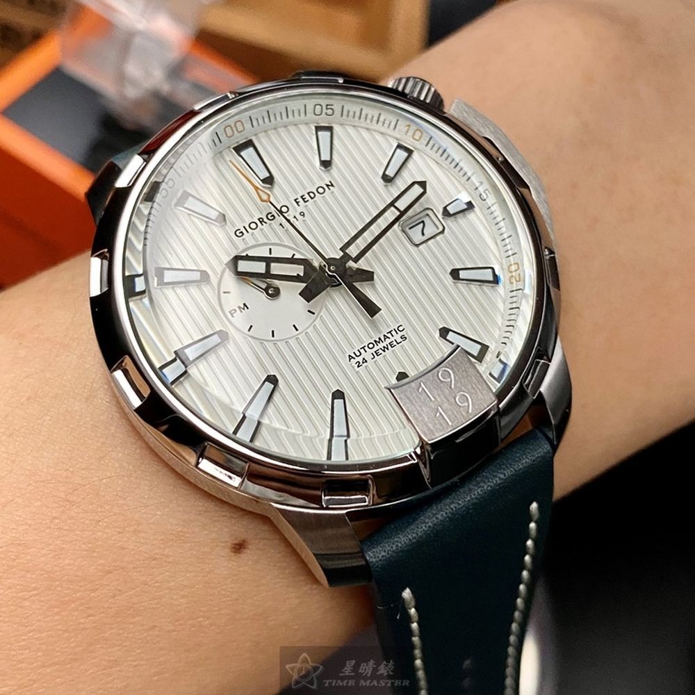 GiorgioFedon1919:手錶,型號:GF00063,男女通用錶46mm銀錶殼白色錶面真皮皮革錶帶款-細節圖4