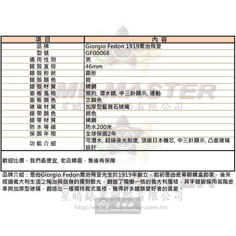 GiorgioFedon1919:手錶,型號:GF00068,男錶46mm銀錶殼古銅色錶面精鋼錶帶款-細節圖10