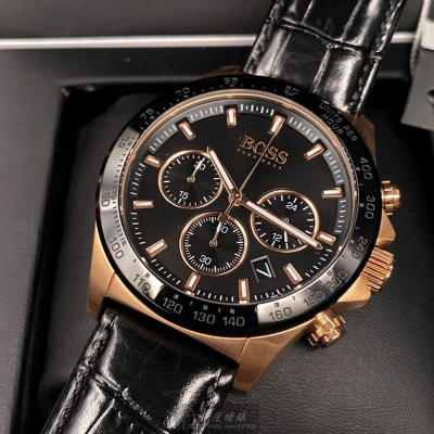BOSS:手錶,型號:HB1513753,男女通用錶44mm玫瑰金錶殼黑色錶面真皮皮革錶帶款