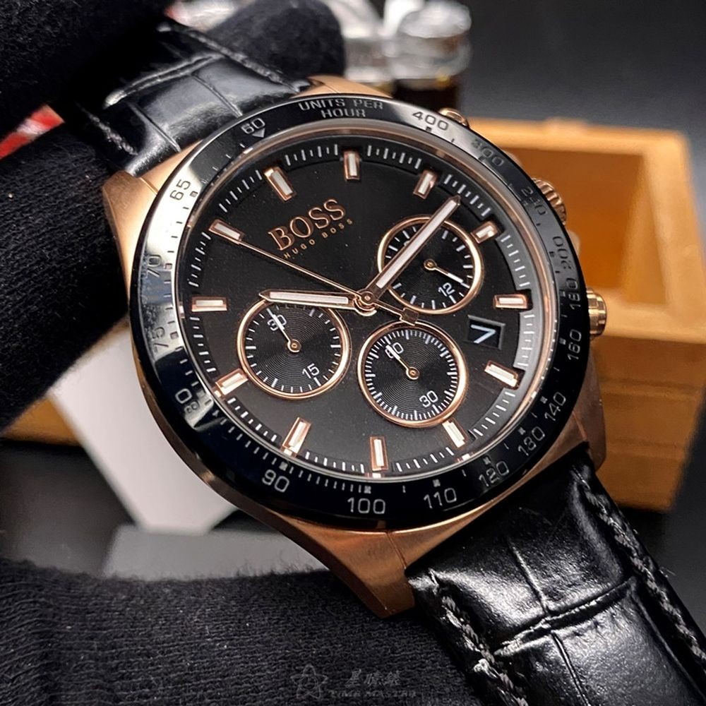 BOSS:手錶,型號:HB1513753,男女通用錶44mm玫瑰金錶殼黑色錶面真皮皮革錶帶款-細節圖2