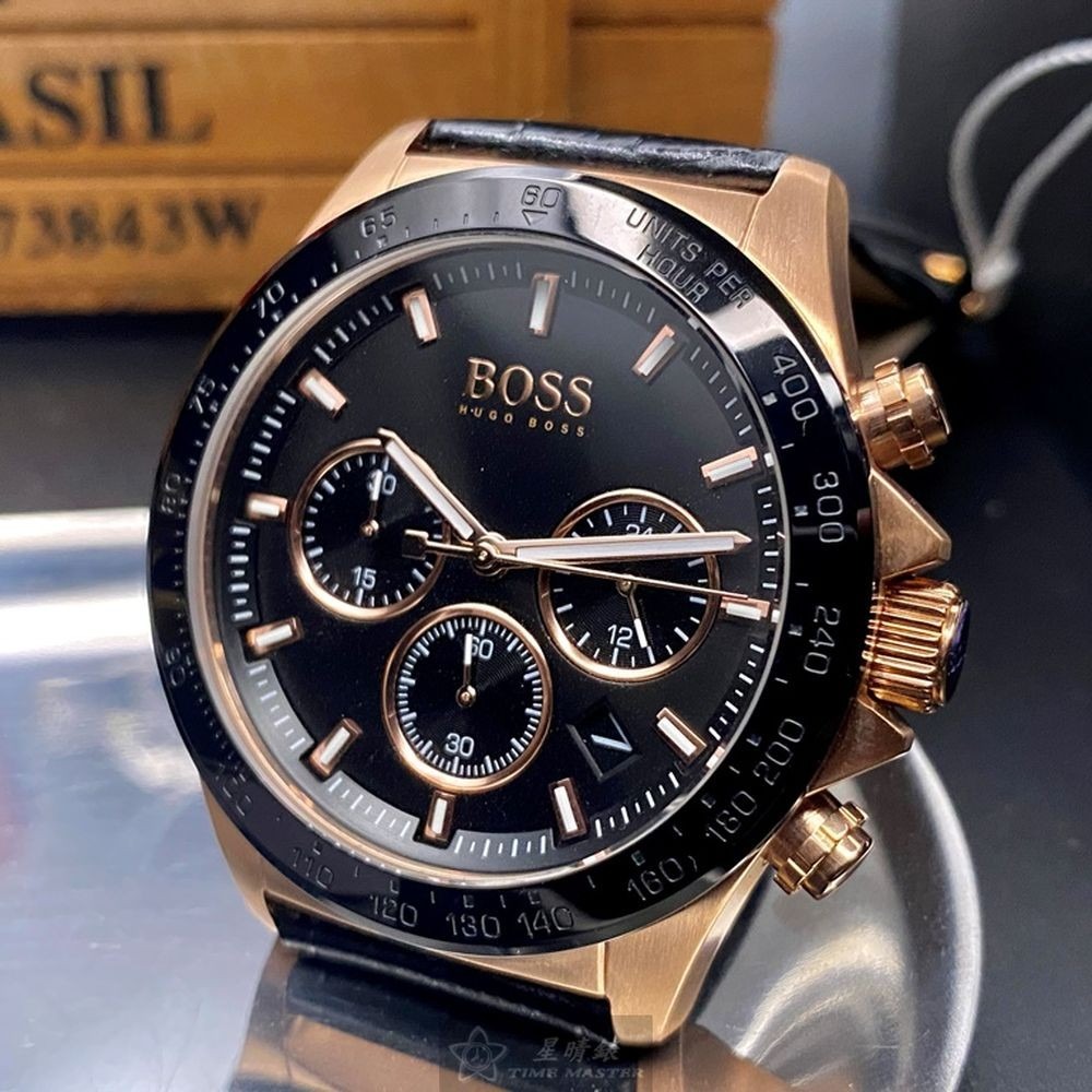 BOSS:手錶,型號:HB1513753,男女通用錶44mm玫瑰金錶殼黑色錶面真皮皮革錶帶款-細節圖3
