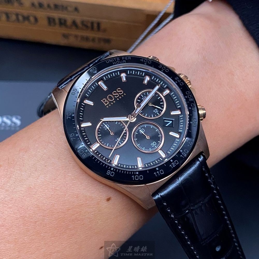 BOSS:手錶,型號:HB1513753,男女通用錶44mm玫瑰金錶殼黑色錶面真皮皮革錶帶款-細節圖4