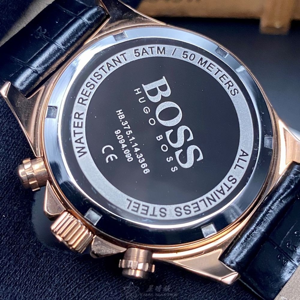 BOSS:手錶,型號:HB1513753,男女通用錶44mm玫瑰金錶殼黑色錶面真皮皮革錶帶款-細節圖5