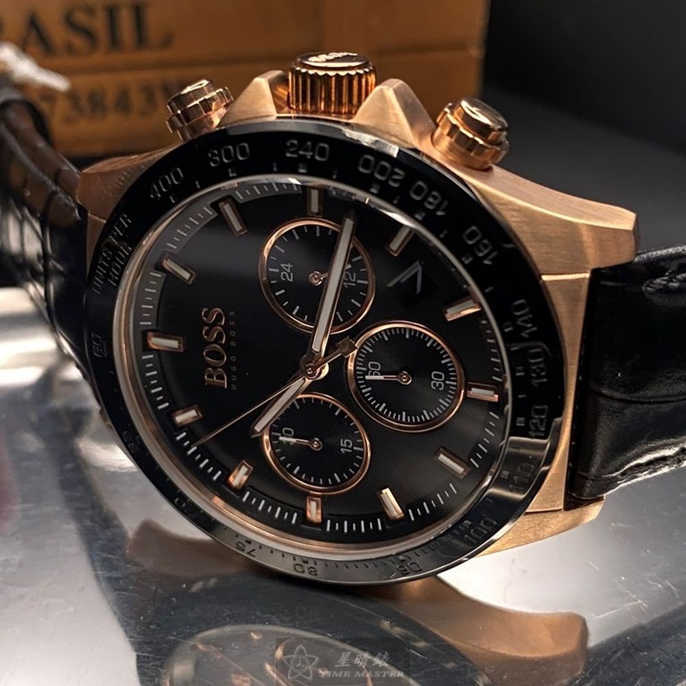 BOSS:手錶,型號:HB1513753,男女通用錶44mm玫瑰金錶殼黑色錶面真皮皮革錶帶款-細節圖9