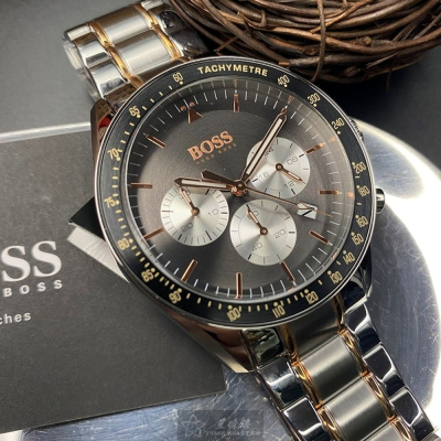 BOSS:手錶,型號:HB1513634,男錶44mm銀黑色錶殼槍灰色錶面精鋼錶帶款