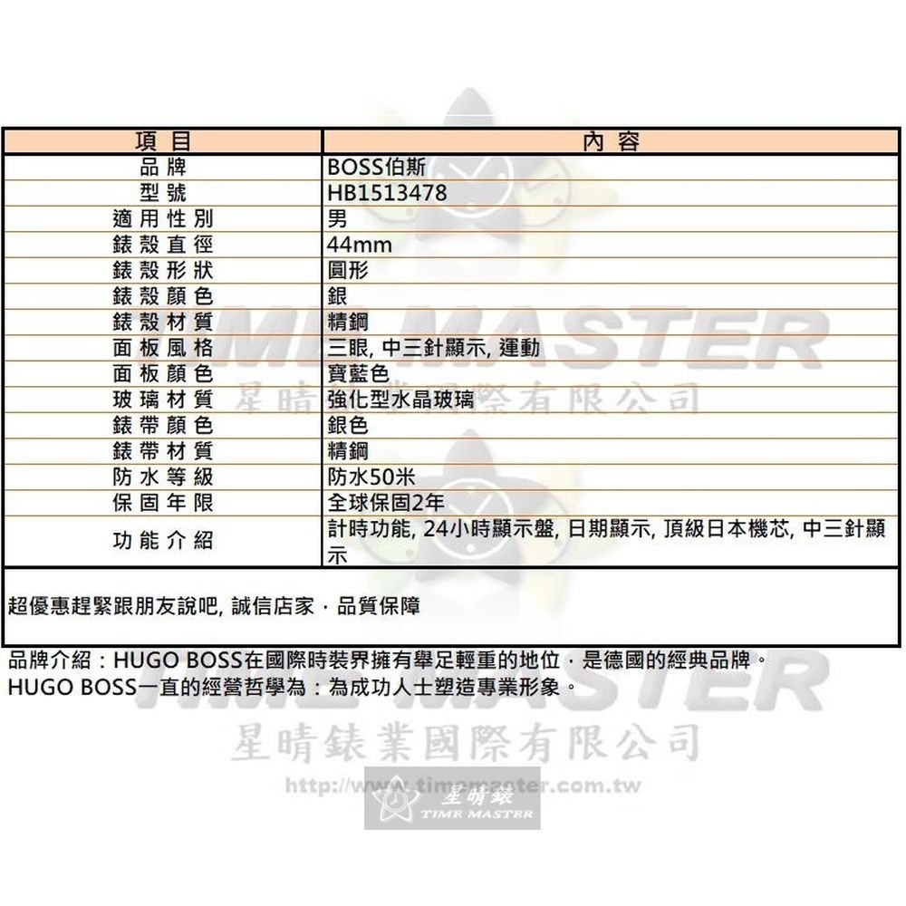 BOSS:手錶,型號:HB1513478,男錶44mm銀錶殼寶藍色錶面精鋼錶帶款-細節圖10