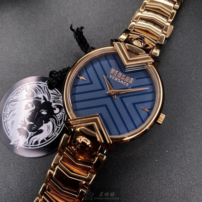 VERSUS VERSACE:手錶,型號:VV00071,女錶34mm玫瑰金錶殼寶藍色幾何立體圖形錶面精鋼錶帶款