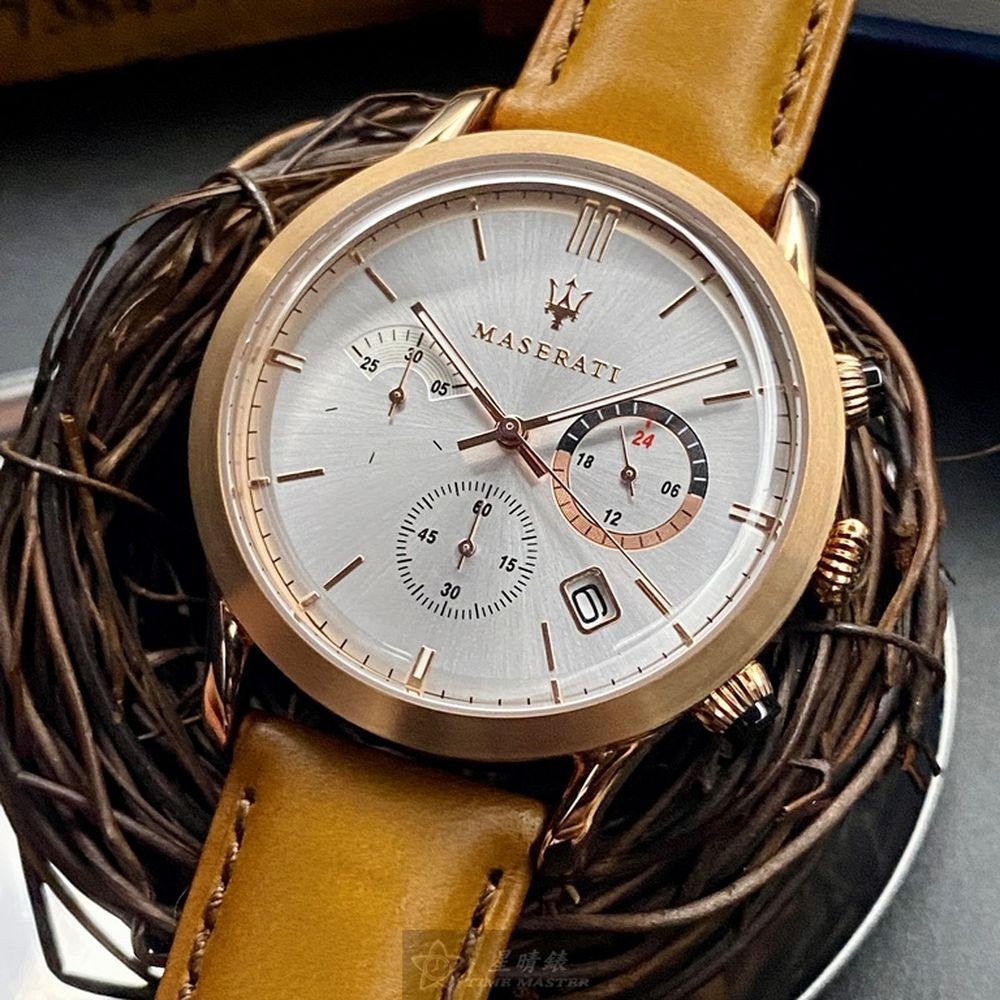MASERATI:手錶,型號:R8871633002,男女通用錶44mm玫瑰金錶殼白色錶面真皮皮革錶帶款-細節圖6