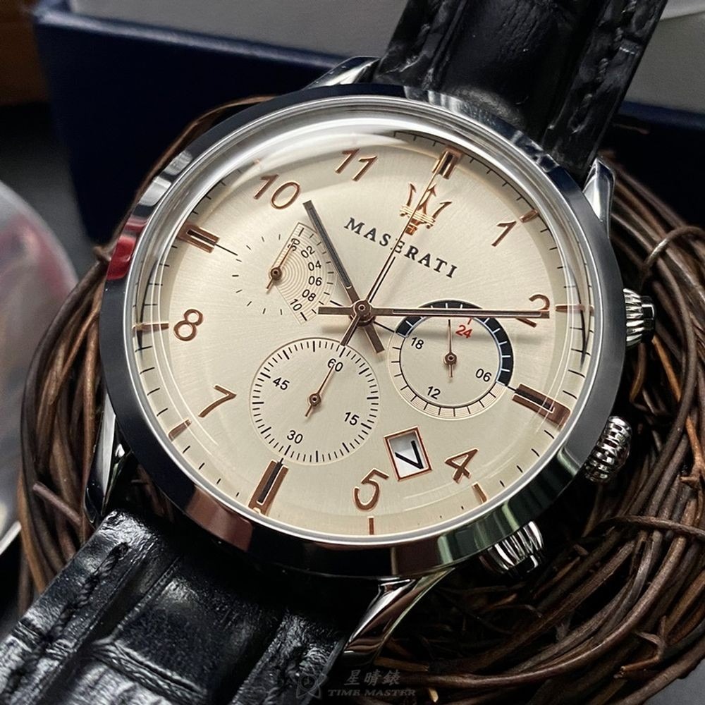 MASERATI:手錶,型號:R8871625006,男女通用錶42mm銀錶殼米黃色錶面真皮皮革錶帶款-細節圖2