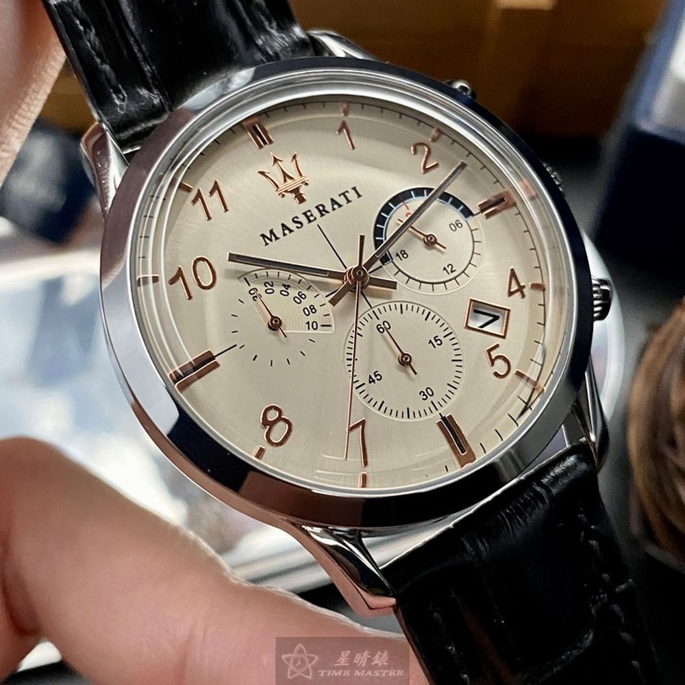 MASERATI:手錶,型號:R8871625006,男女通用錶42mm銀錶殼米黃色錶面真皮皮革錶帶款-細節圖3